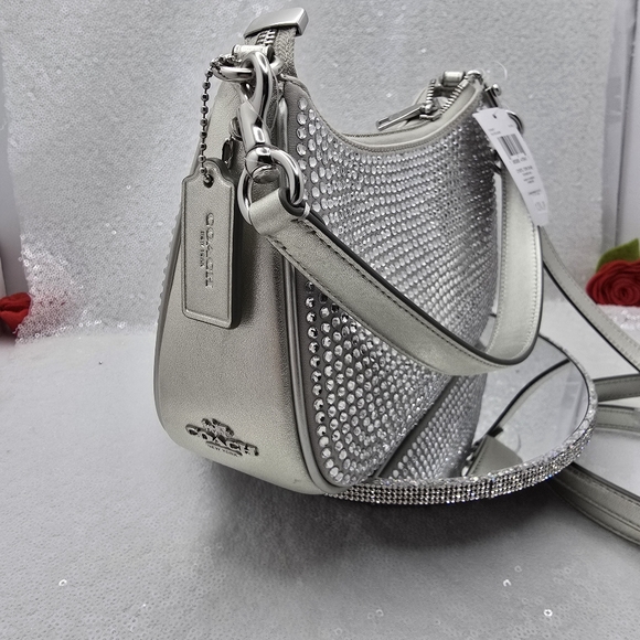 Coach Teri Mini Crystal Silver Metallic Leather Shoulder Crossbody Bag - Picture 8 of 14